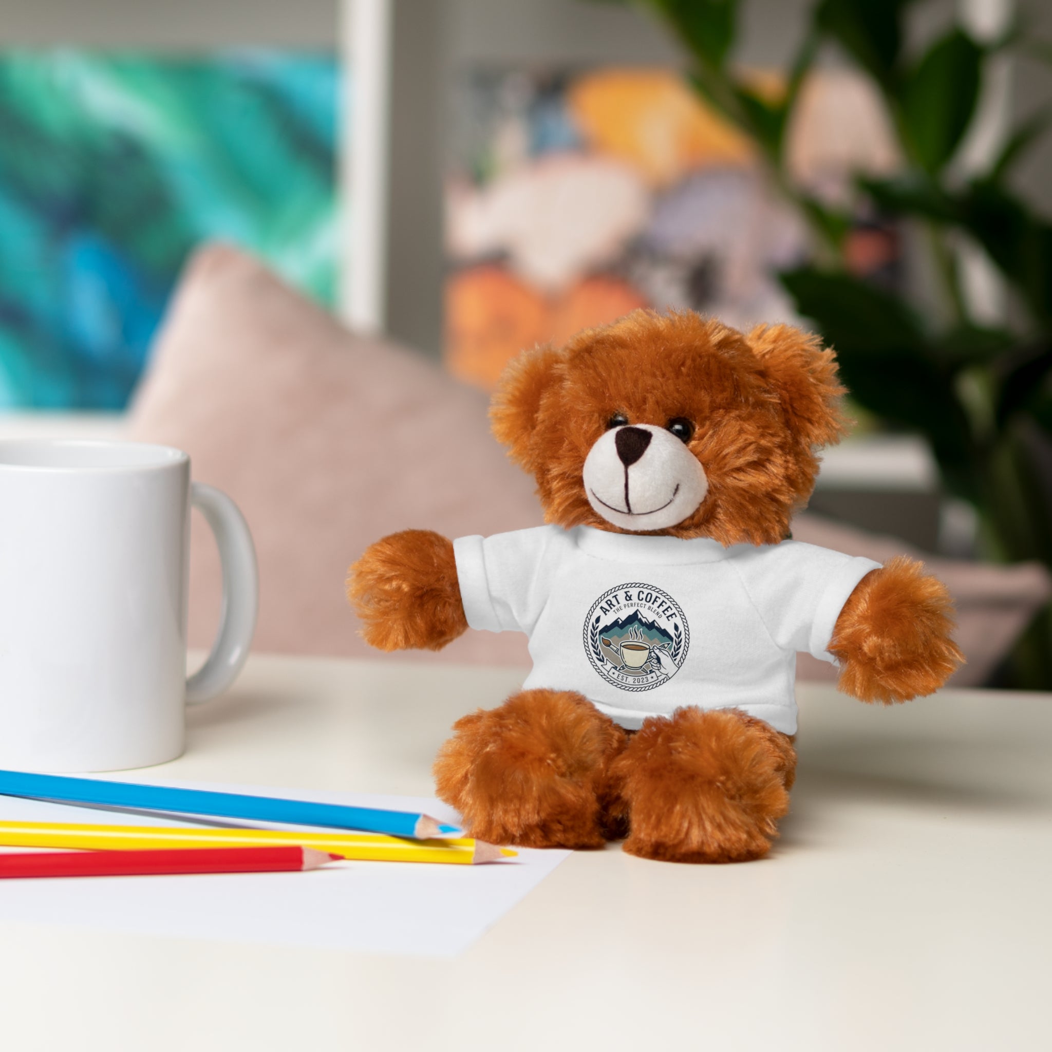 Plush Bear with 'Cats & Coffee' Tee - Cute Gift Teddy