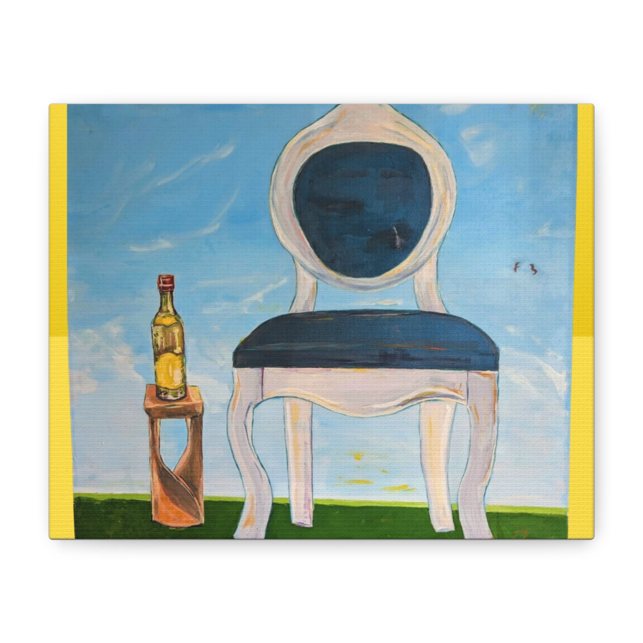 Vintage Chair & Wine Bottle Canvas Art – Whimsical Still Life Wall Decor