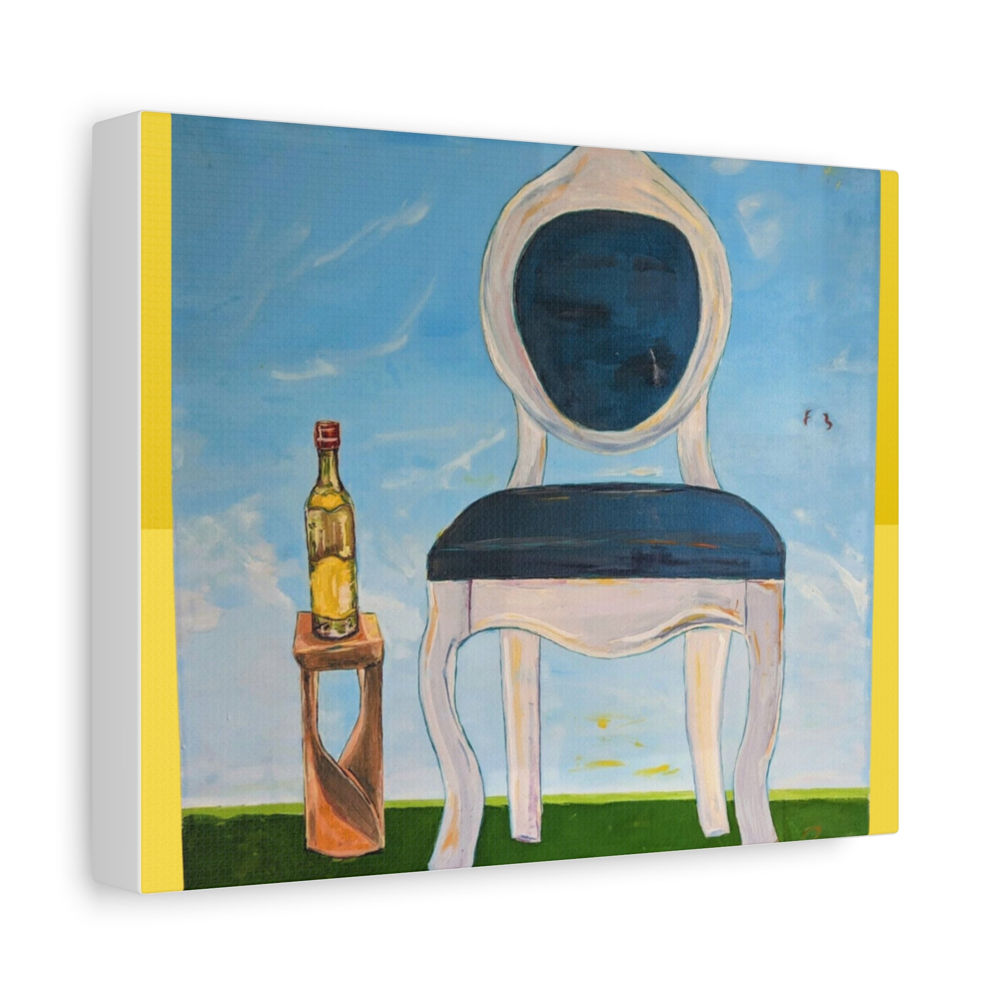Vintage Chair & Wine Bottle Canvas Art – Whimsical Still Life Wall Decor